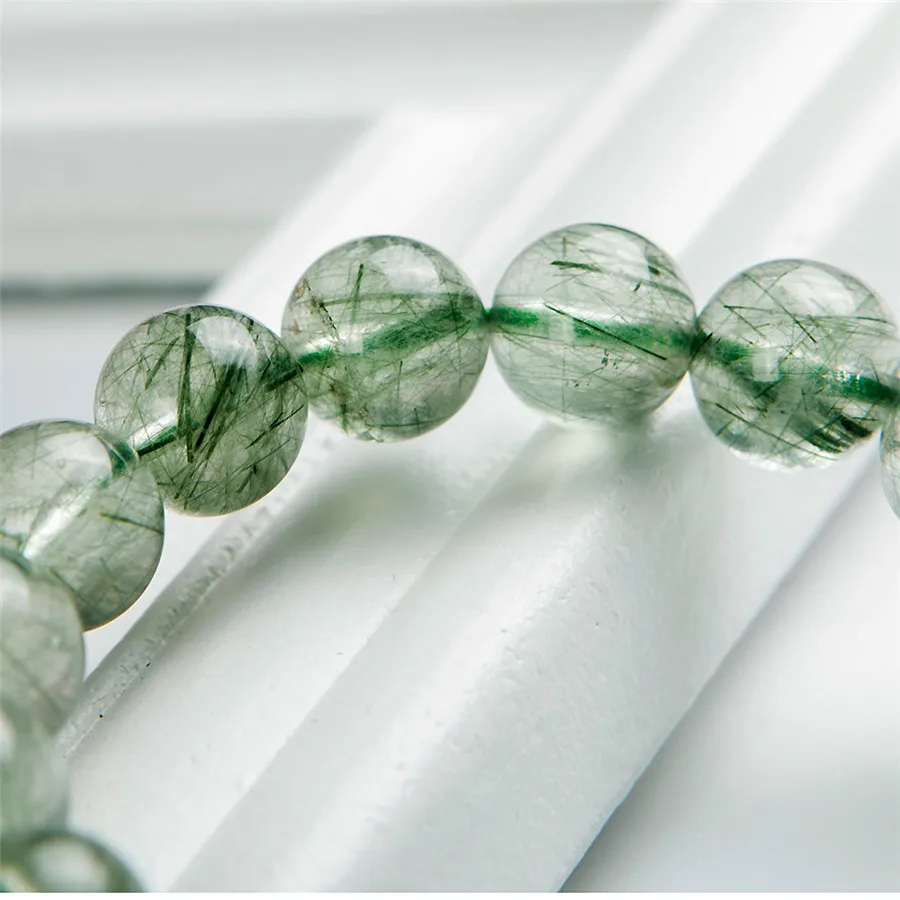 

100% Natural Green Rutilated Quartz Crystal Clear Round Bead Bracelets For Women Femme Stretch Charm Bracelet 11mm