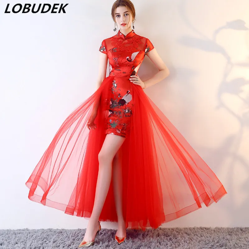 Модный женский сексуальный Чонсам с вышивкой вечернее платье для свадебной