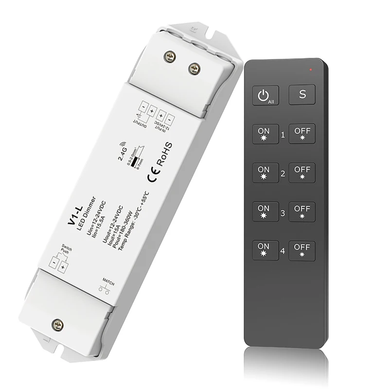V1-L and RU4 Светодиодный диммер контроллер 4 зоны 2,4G RF беспроводной DC12-24V 15A 360 W приемник постоянного напряжения V1-L 5050 3528 полоса затемнения - Цвет: V1-L and RU4