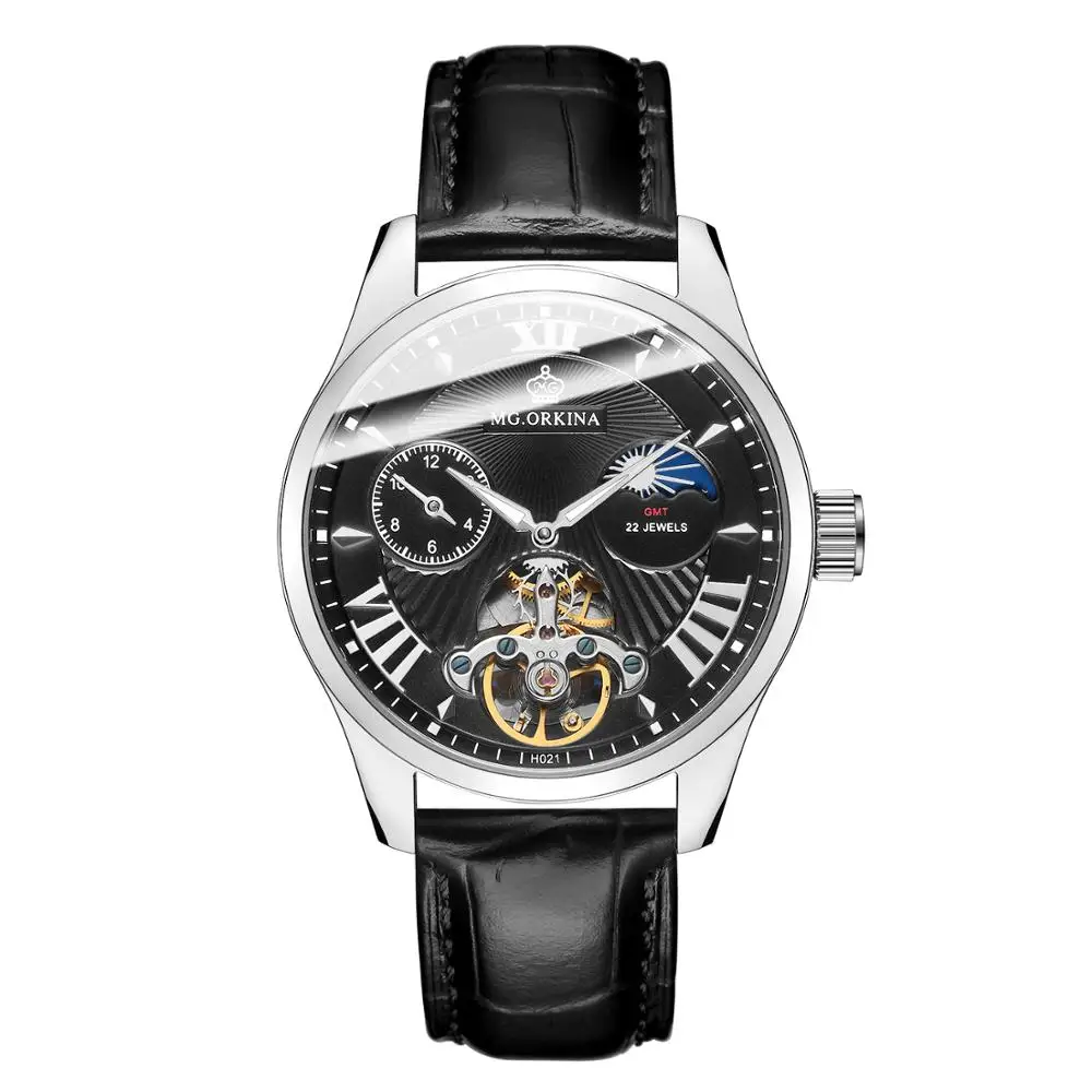 

ORKINA Men Automatic Wrist Dress Watch Tourbillon Skeleton Mechanical Sapphire Leather Band Male Clock Moon Phase Heren Horloge