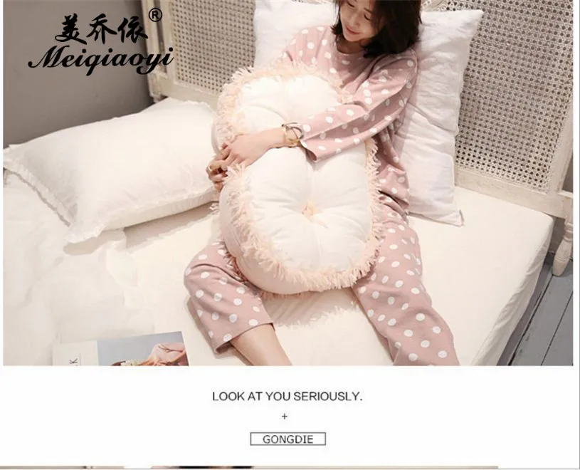 2018 spring New style Women Round Neck Polka Dot sleepwear long sleeve trousers pajamas sets Lovely home clothe Leisure wear | Женская