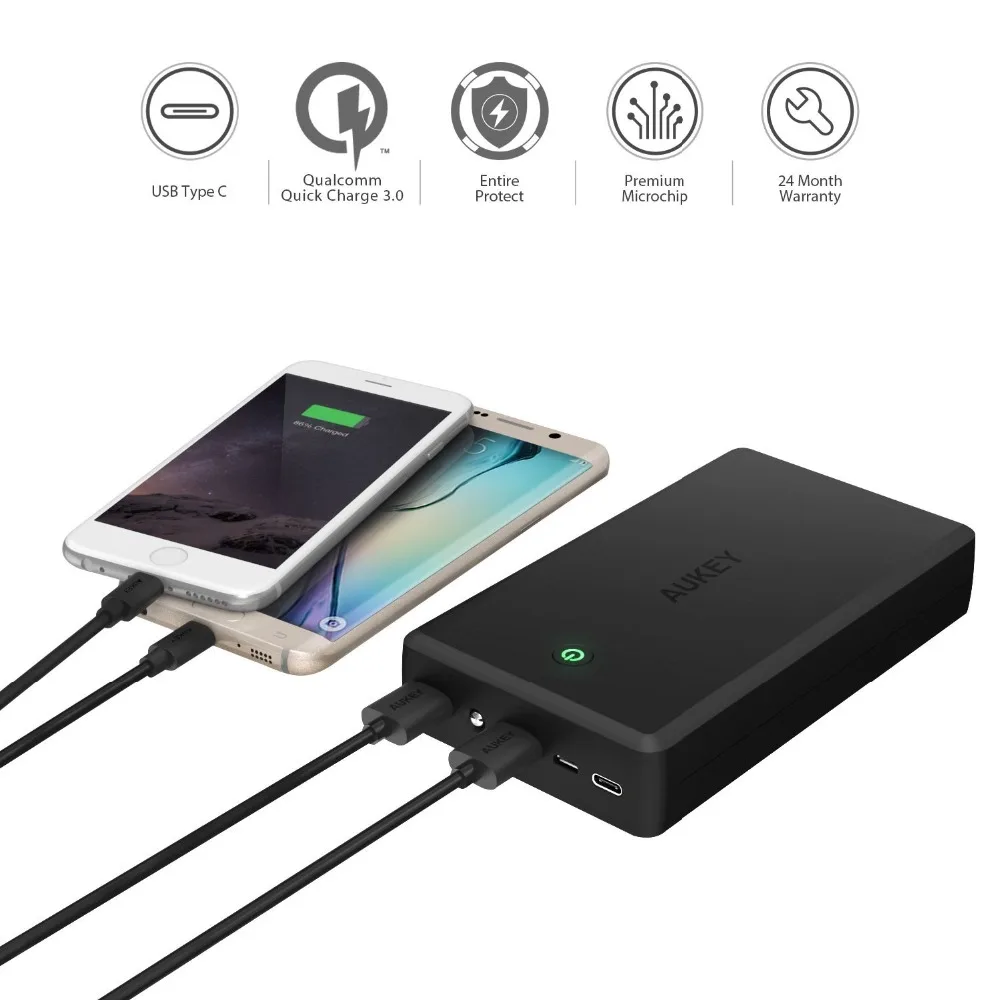 AUKEY мощность банк с Тип C вход и выход 30000 мАч Quick Charge 3 0 запасные аккумуляторы для