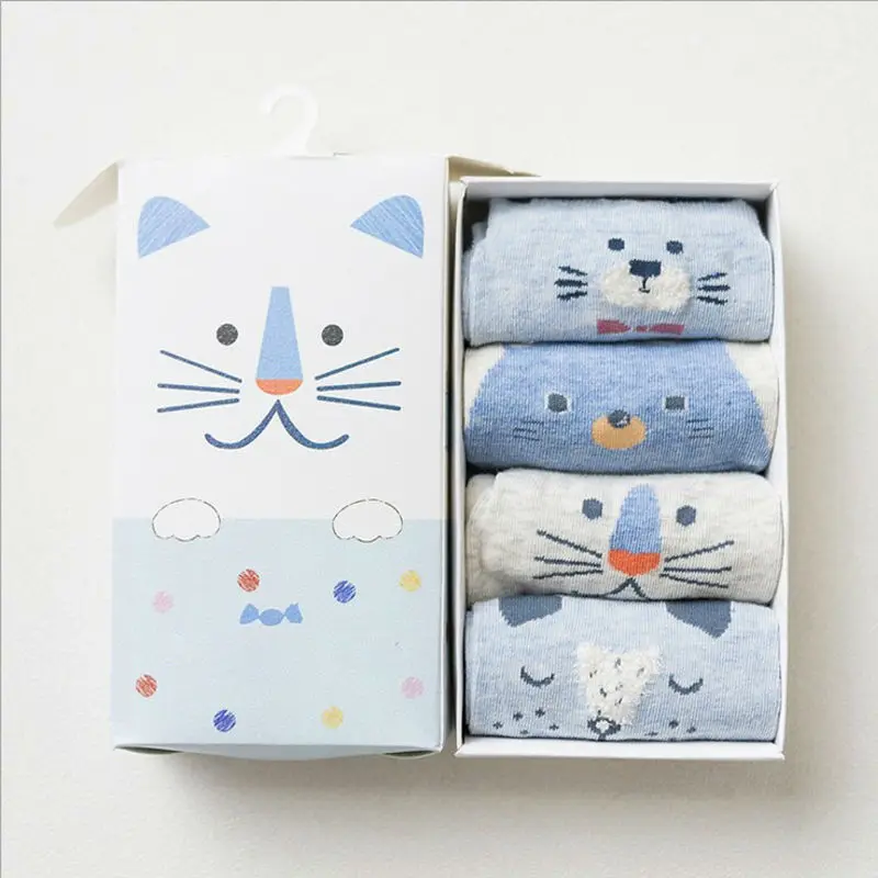 Носки женские хлопковые 4 пары Мультяшные милые повседневные носки с 3D рисунком