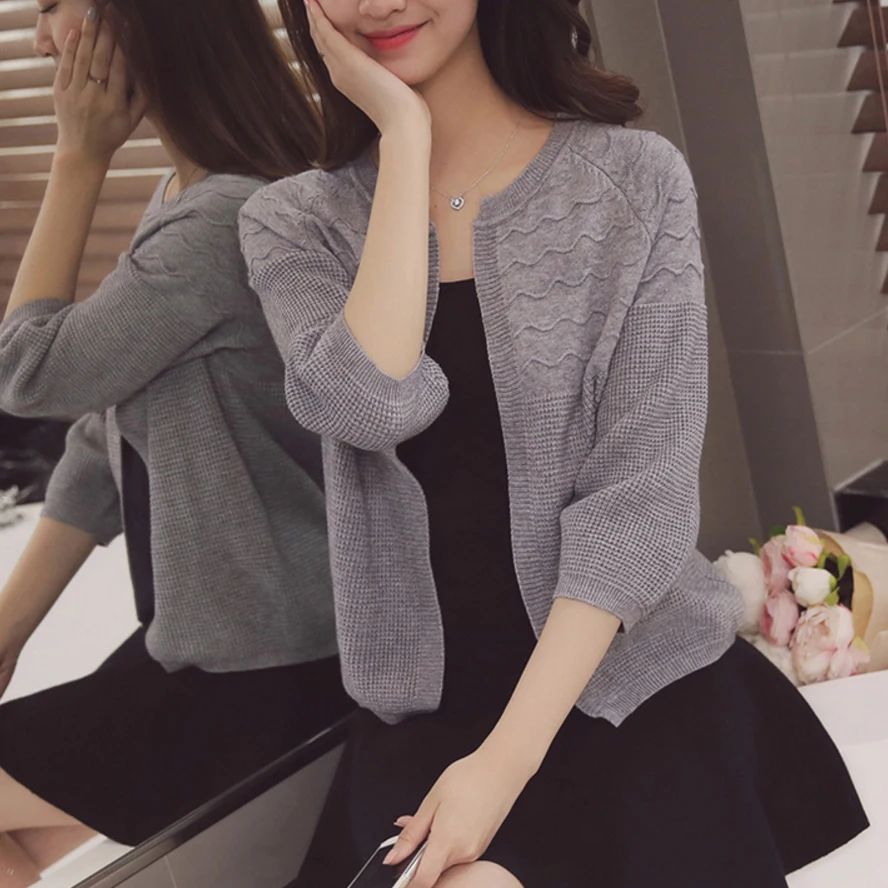 Кардиган женский весенний вязаный с круглым вырезом и рукавами-фонариками 2018 S M L