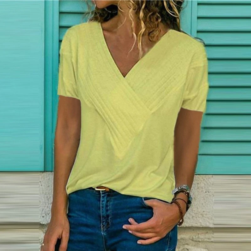 Women's Summer Blouses 2019 Slim Fit Stitching V-Neck Short-Sleeved Solid Color Top Sexy Fashion Women T Shirt | Женская одежда