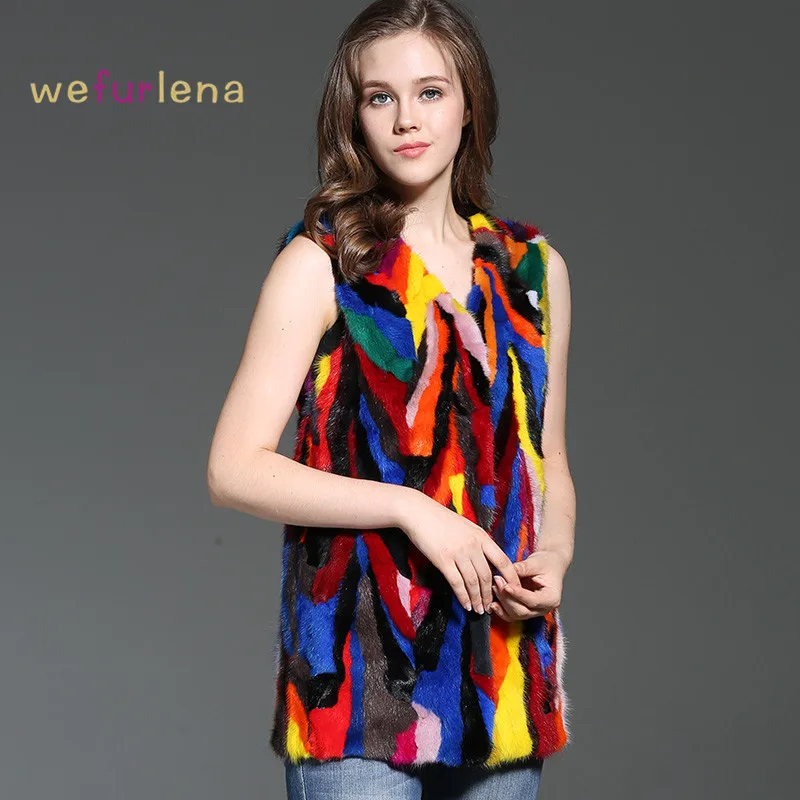 Женский жилет из натурального меха Welfurlena зимний яркий средней длины с