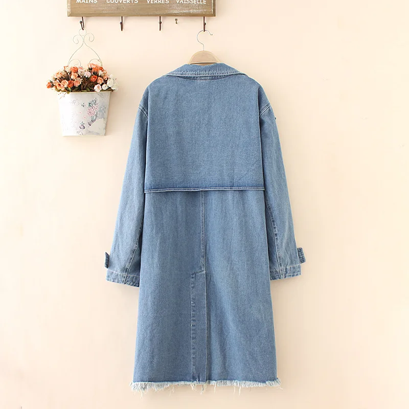 Large size denim trench coat women long Windbreaker Double-breasted suit collar jeans coats female Hole Loose Casual tops G106 | Женская