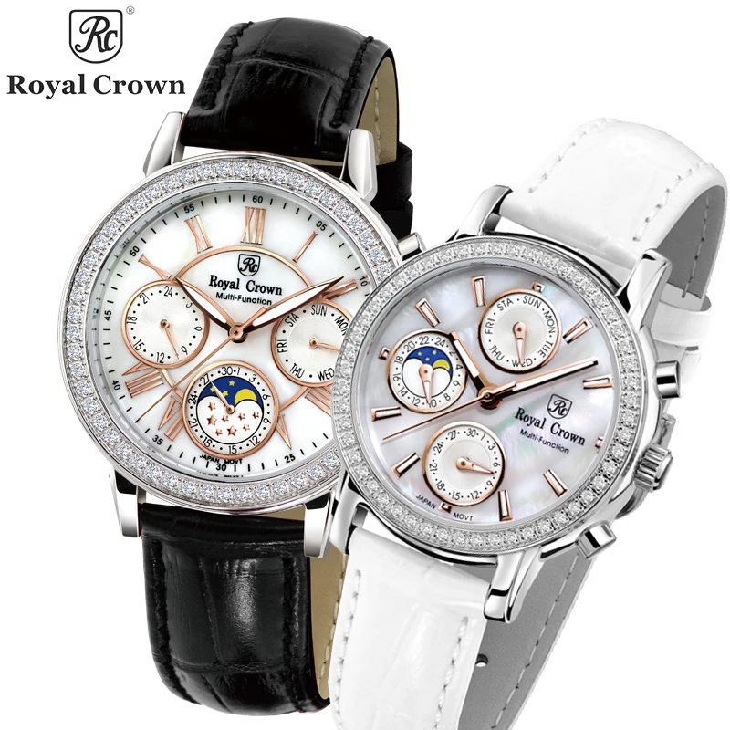 Real Multi-functions Royal Crown Women's Watch Japan Quartz Hours Fine Fashion Lady Clock Leather Luxury Rhinestone Gift Box