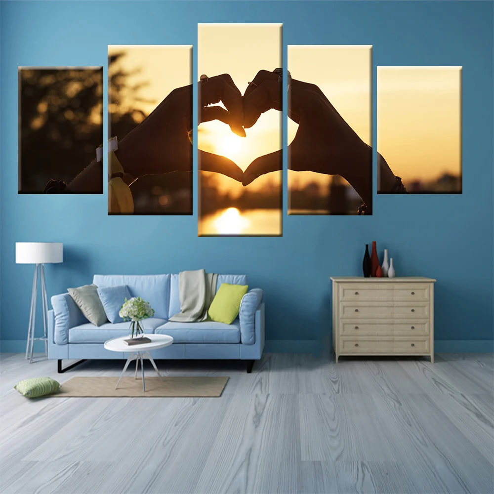 HD printing sunset hand heart shaped landscape painting poster wall art 5 panel for home decoration living room bedroom mural | Дом и сад