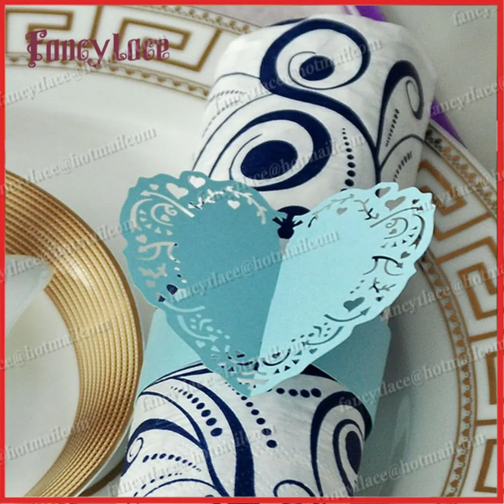 

Лазерная резка жемчуга бумажный стол украшение Свадебные сувениры Синий Любовь Сердце Дизайн 50 шт./лот держатель салфетки кольца для свадебного декора