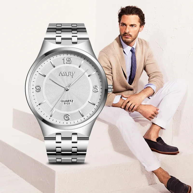Часы наручные Nary Мужские кварцевые роскошные модные повседневные из нержавеющей