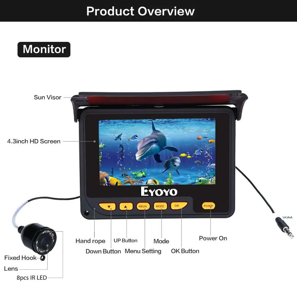 Eyoyo подводная камера для подледной рыбалки 20 м дальность обнаружения HD 1000TVL видео рыболокатор 4," lcd 8 шт. ИК светодиодная видеокамера для рыбалки
