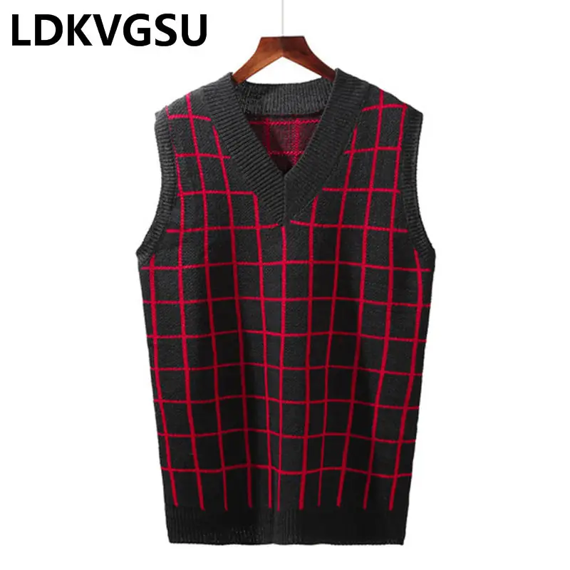 

Harajuku College Wind Knit Vest Loose Plus Size Sleeveless Pullover Female Plaid Sweater Vest 2019 Spring Autumn New Is1621