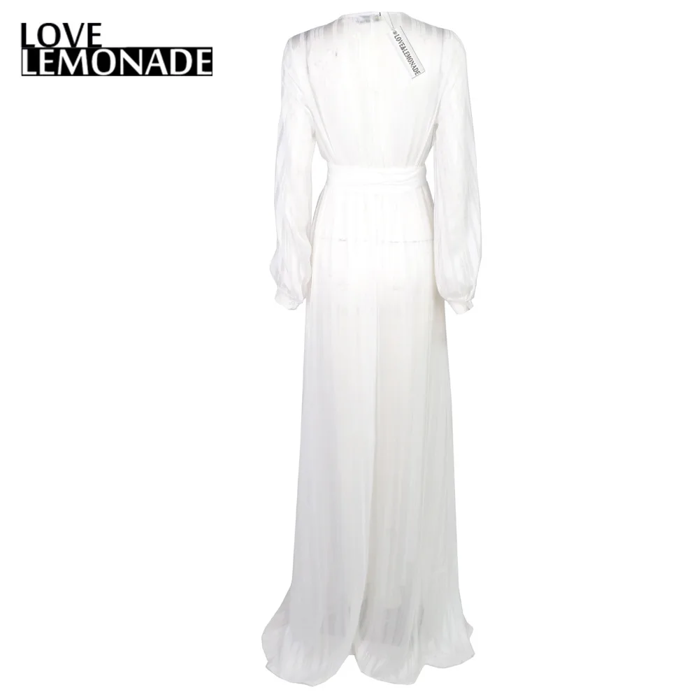 Белое длинное платье Love & Lemonade с треугольным вырезом и разрезом TB 8923|maxi dress|slit maxi
