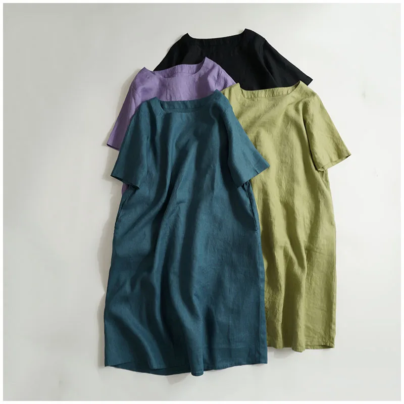 Летнее женское свободное льняное платье в японском стиле 14*14 7 цветов размера