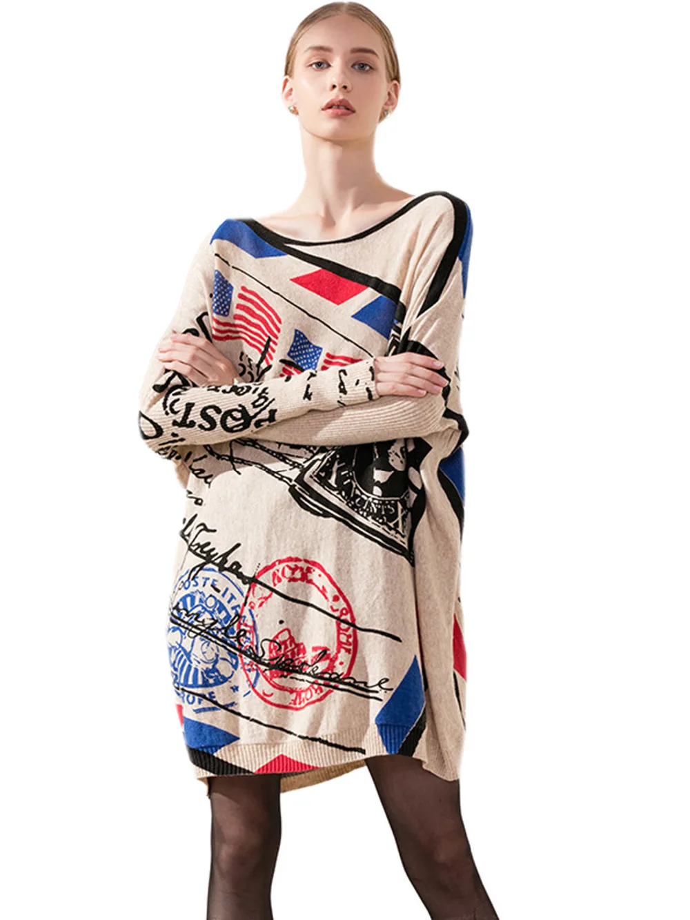 Новинка Женское шерстяное кашемировое платье-свитер с длинным рукавом и принтом