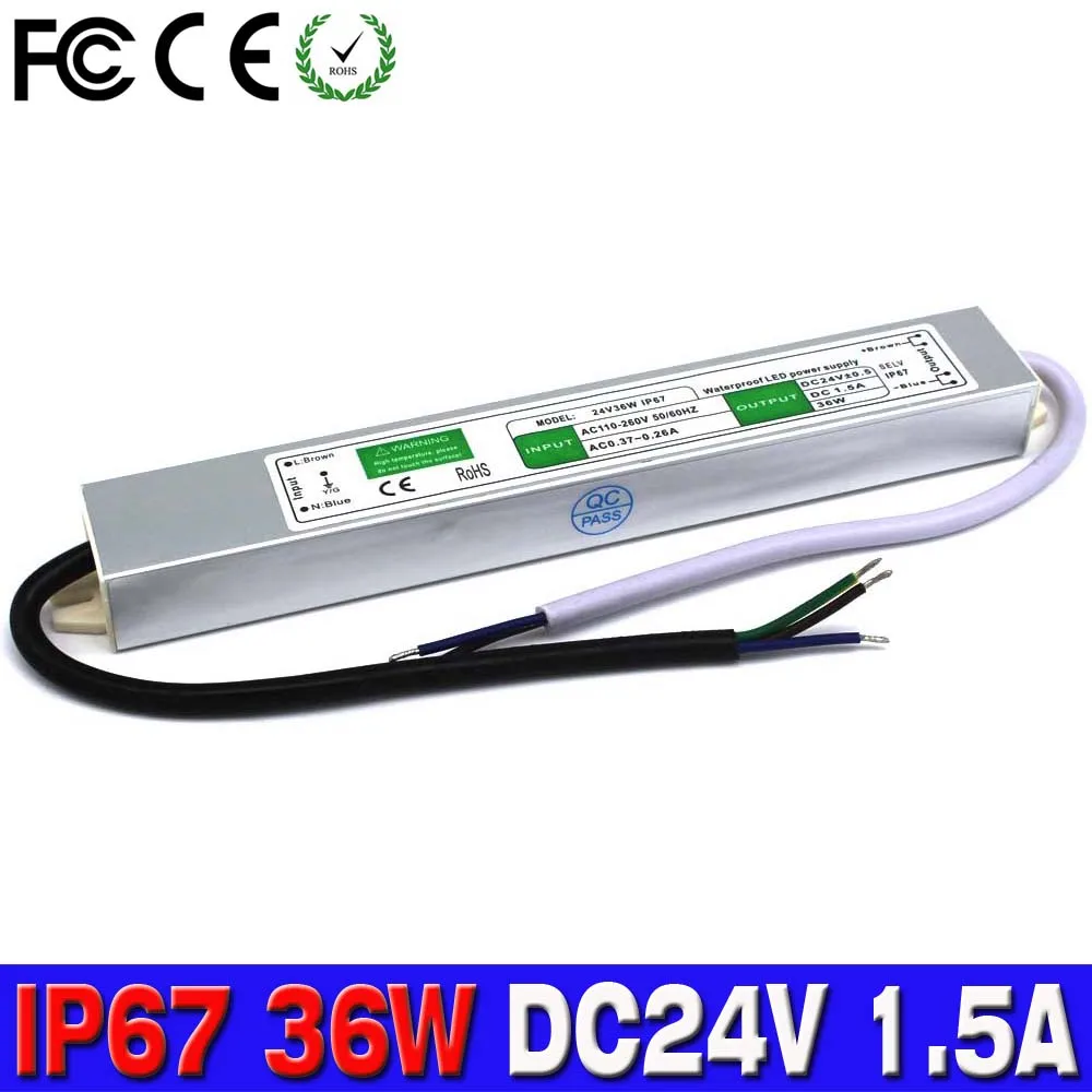 Источник питания DC24V 1.5A 36 Вт IP67 Водонепроницаемый Электронный светодиодный