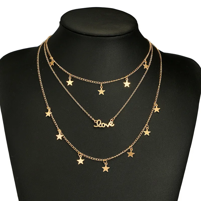 

Romantic Jewelry Multi-Layer Star Letter Love Pendant Necklace Gold Color For Women Clavicle Choker Party Gift