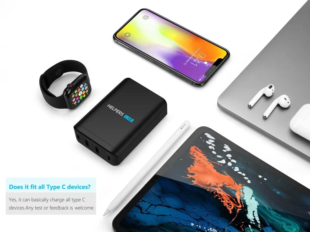 Двойной USB-C порт 60 Вт и 18 Вт и двойной 5 в 2,4 А USB порт, для многих телефонов type-c и ноутбуков, таких как iPhone Macbook и т. Д