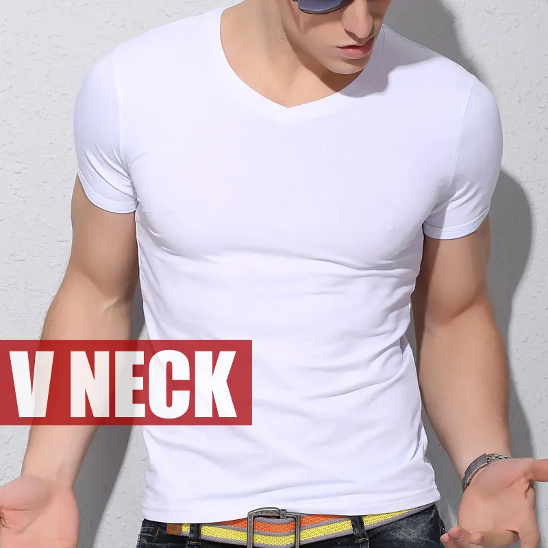 V Collar White Новинка, стильная мужская летняя футболка с коротким рукавом, облегающие хлопковые футболки с v-образным вырезом для мужчин, большие размеры до 4XL 5XL, мужские футболки для фитнеса - Цвет: V Collar White