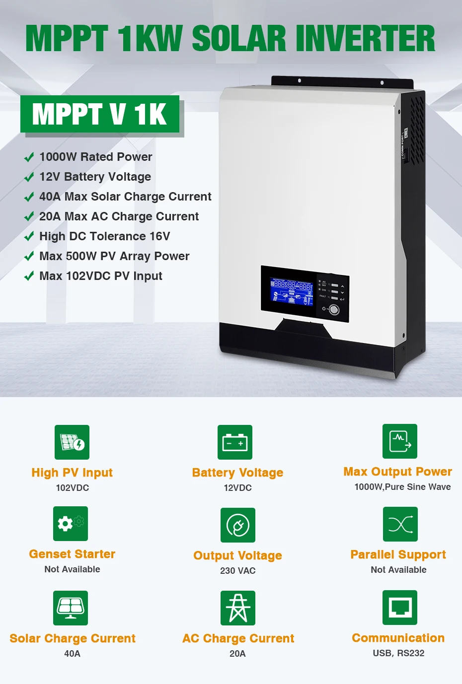 POWLAND 1 кВА солнечный инвертор 1000 Вт 12 В Чистая синусоида Инвертор 40А MPPT решетки инвертор 220 В Гибридный Инвертор 20А зарядное устройство переменного тока