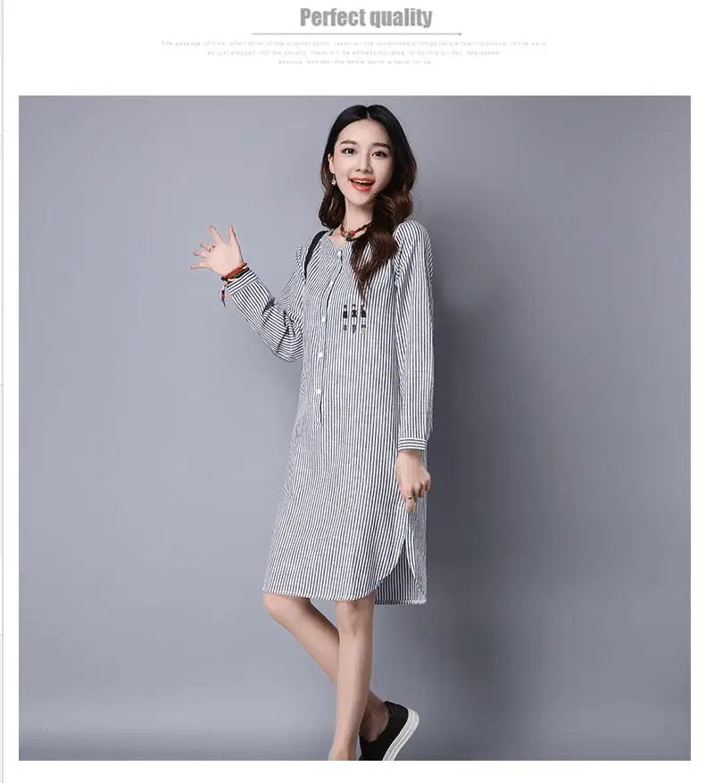 Платье в полоску Clobee 2017 Vestidos женское хлопковое льняное осеннее платье Robe Mori