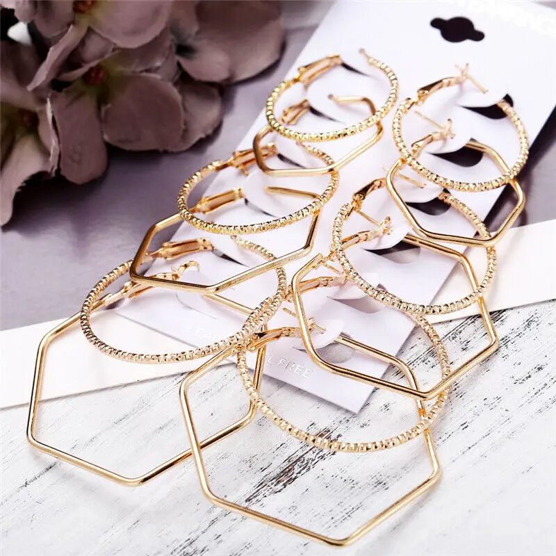 

Geometric Vintage Earrings Steampunk Ear Hoop Women Clip Gold Color Big 6Pairs Circle