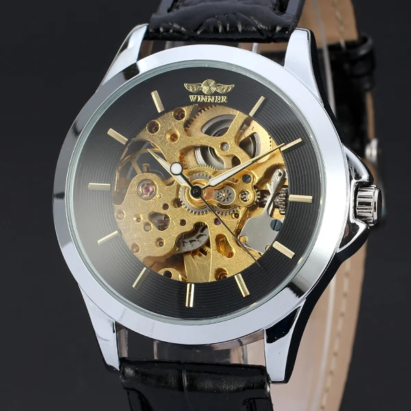 WINNER элегантные черные кожаные автоматические золотые скелетоны Римский