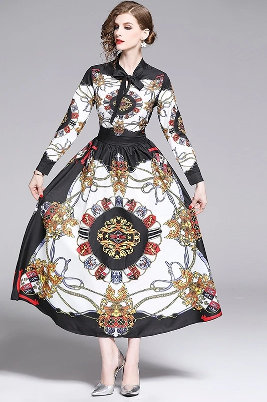 Винтаж печатных подиумные платья 2019 летние Для женщин с длинным рукавом