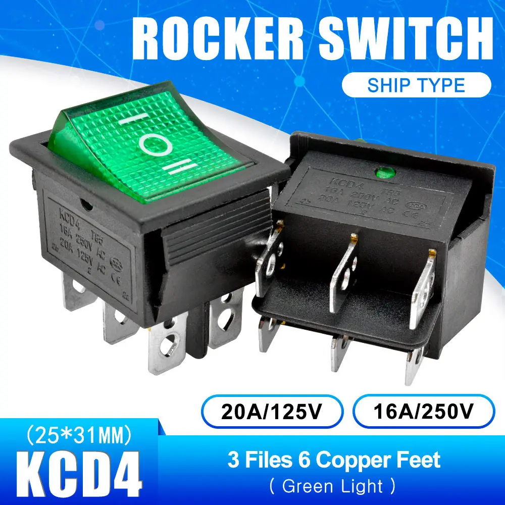 Green with Light KCD4 Rocker Switch Button ON-OFF-ON 3 Position 6 Pins Electrical Equipment With Light Power Switch 16A 250VAC 250V AC - Цвет: Green with Light