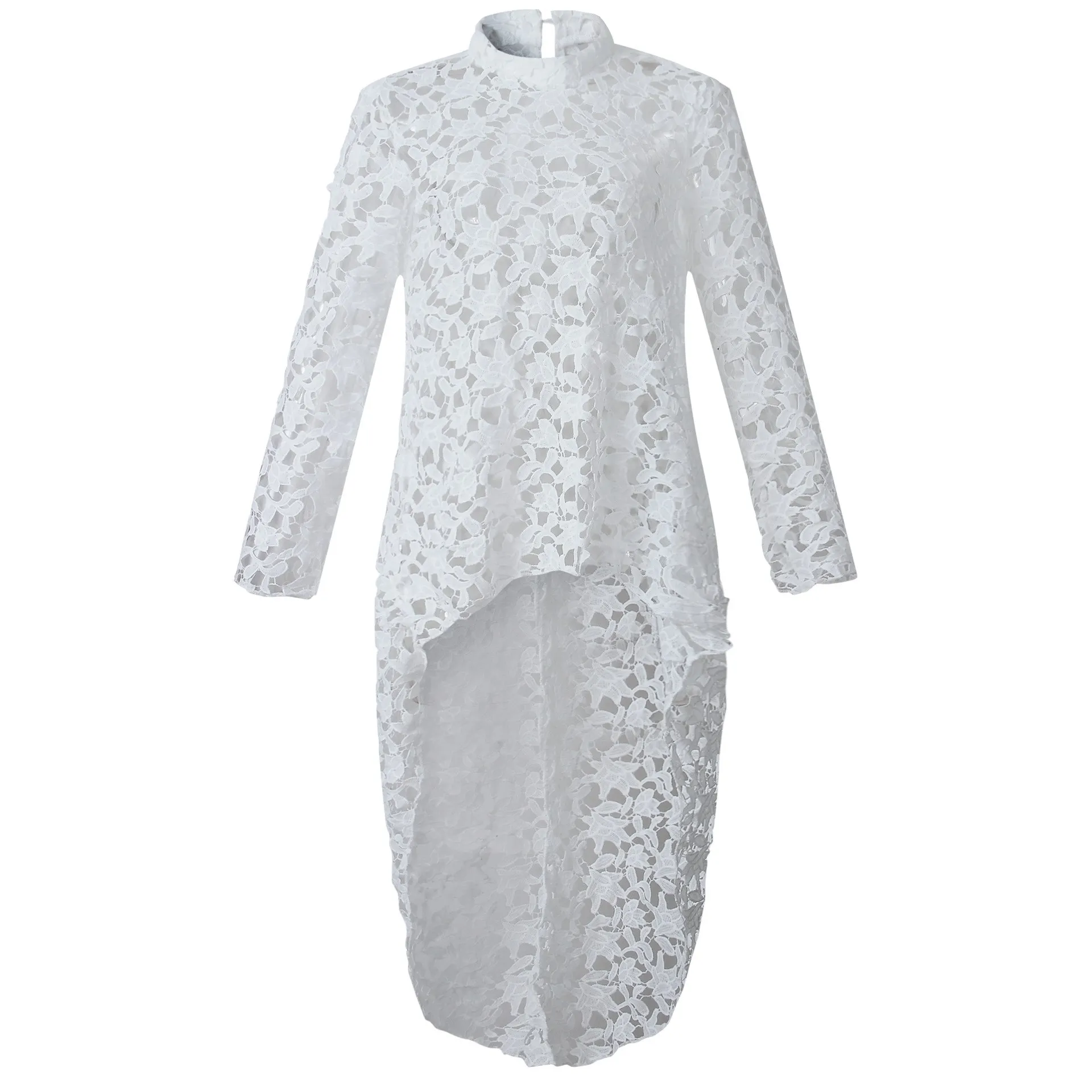 

Spring Fashion Elegant Patchwork Casual Blouse Lace Women Flounced Top Irregular Crochet Hollow Out See Through Blouse