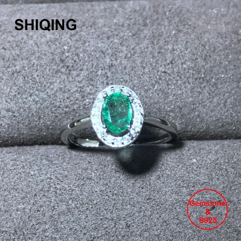 

SHIQING Fine jewelry nature emerald green stone oval classical silver women rings for wedding, Anillo boda