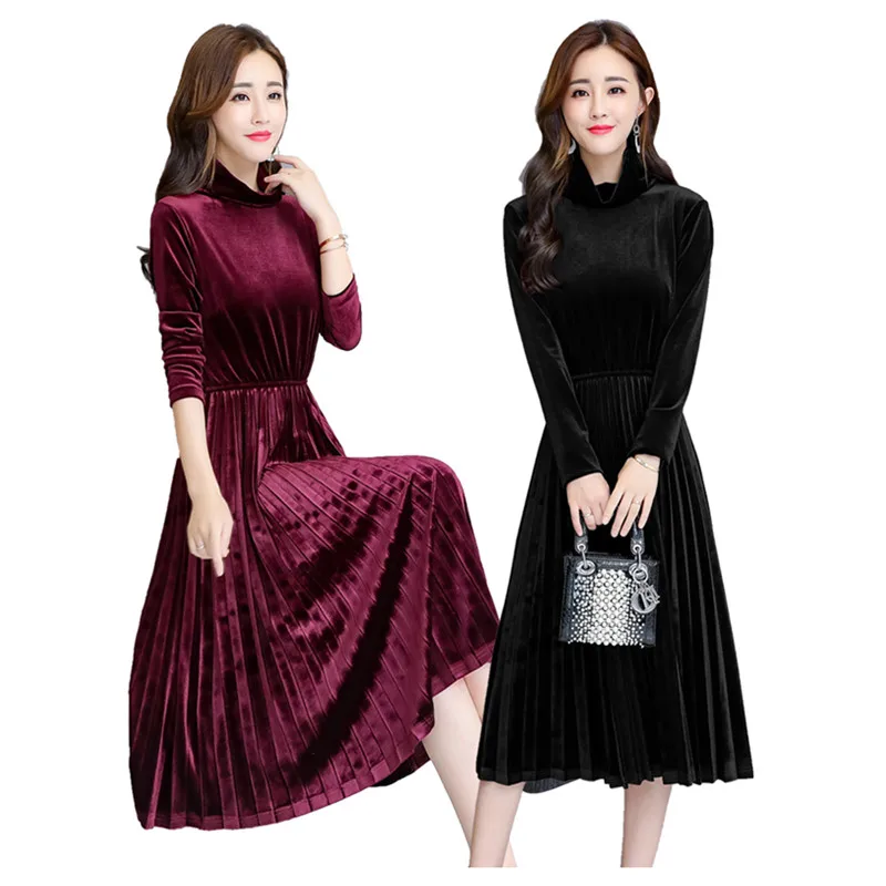 Женское платье с длинным рукавом длинное Плиссированное велюровое высоким