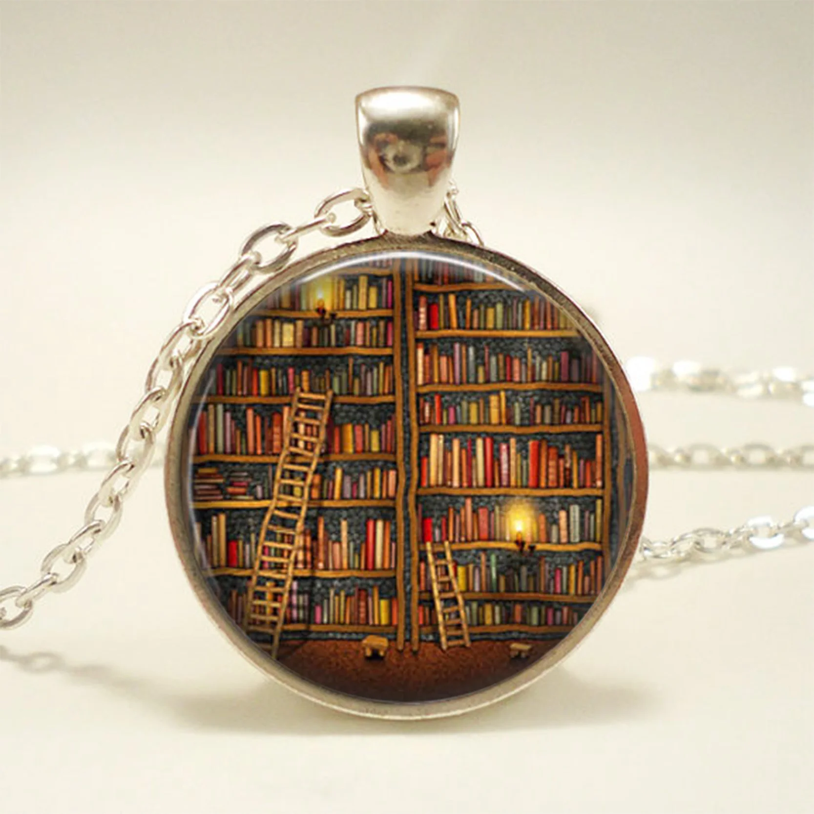 New Fashion Necklace Glass Dome Vintage Library and Books Pendants Necklace For Students Teachers And Librarians Necklace