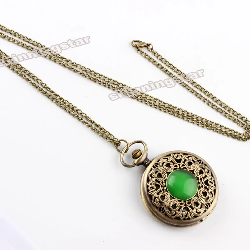 Бронзовый зеленый драгоценный камень полые женские кварцевые карманные часы