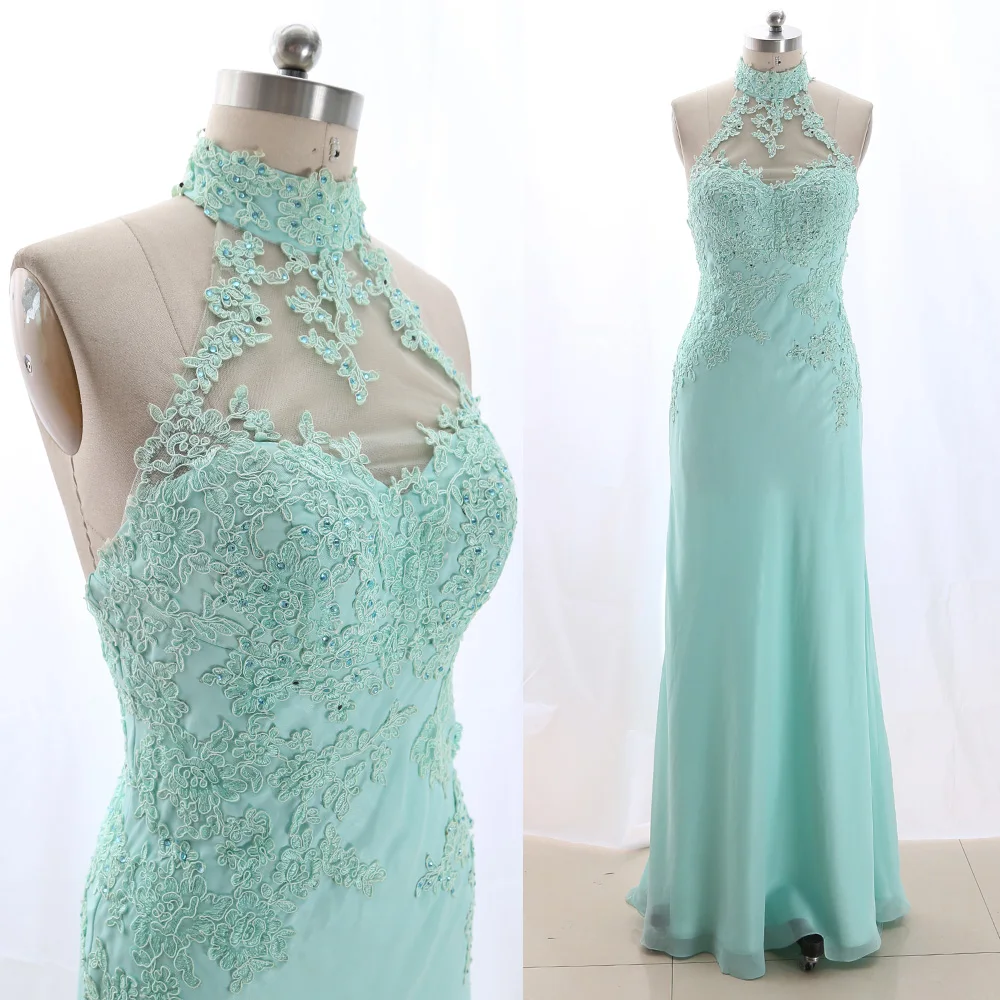 MACloth Бирюзовый 0 Холтер в пол Длинные Вышивка тюлевые платья для выпускного