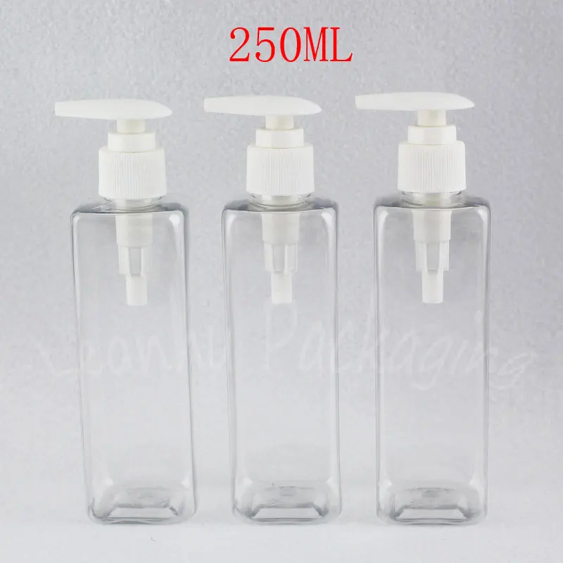 250ML Transparent Square Plastic Bottle With Lotion Pump , 250CC Lotion / Shampoo Sub-bottling , Empty Cosmetic Container