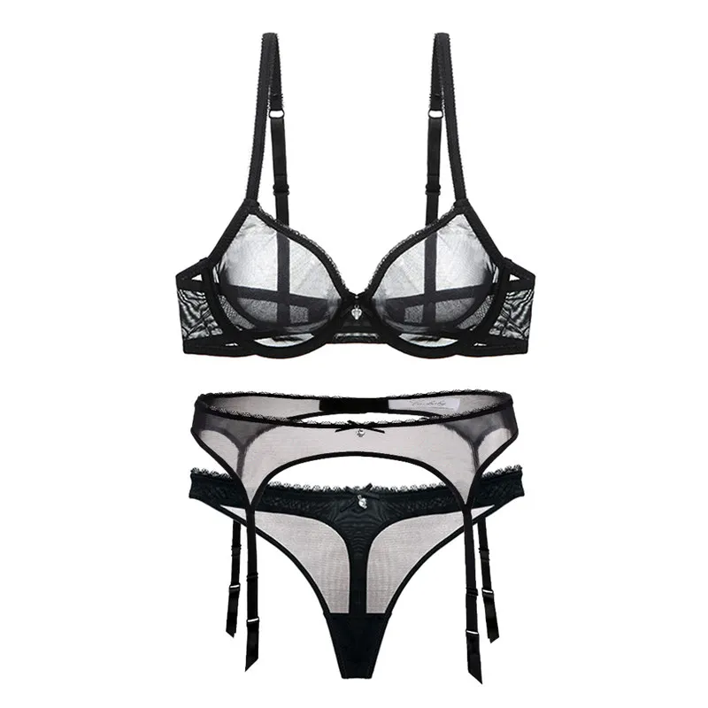 Varsbaby sexy transparent yarn breathable bra set Robe+Bra+ Panties+Garters+Stockings +Thong 6 Pcs