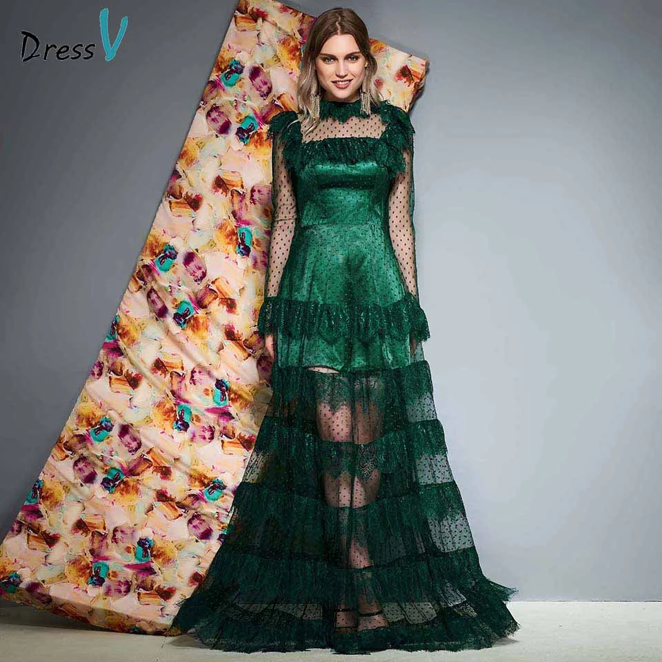 Dressv темно-зеленое вечернее платье с высокой горловиной, а-силуэт, длина в пол, кружевное, с длинными рукавами, для свадьбы, вечеринки, торжественное платье, вечернее платье es