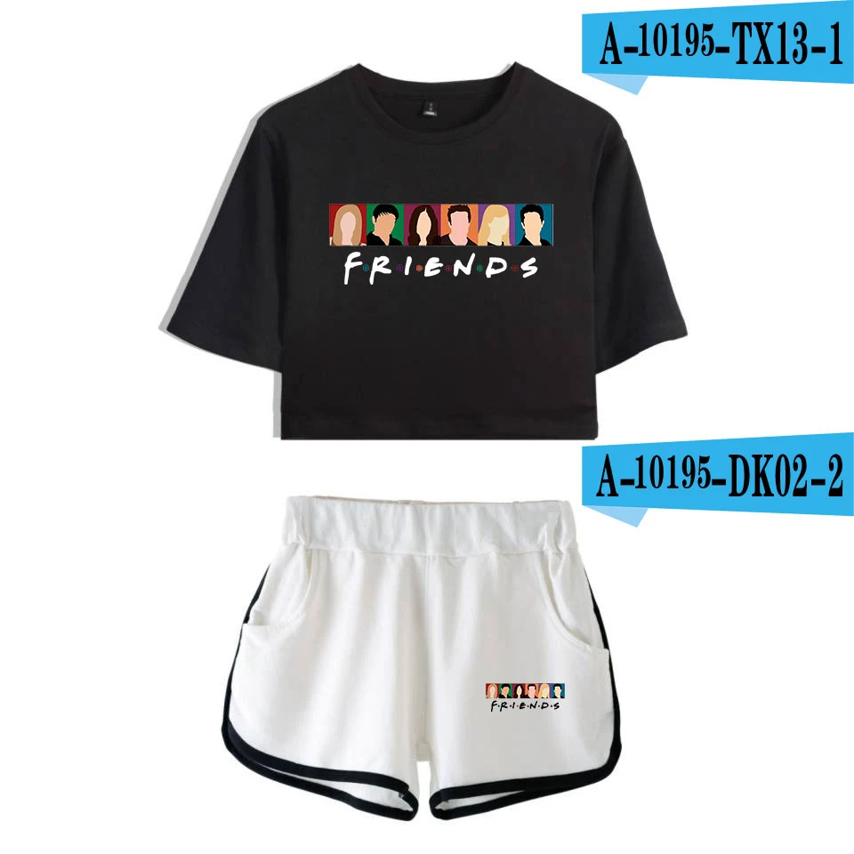 LUCKYFRIDAYF друзья Мода Ill Be There for You летние шорты и футболки женские комплекты из двух предметов укороченный топ повседневная одежда - Цвет: black white