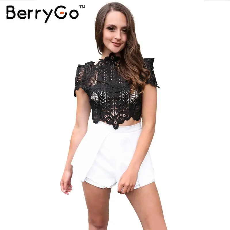 BerryGo Летний стиль элегантные черные кружевные женские топы повседневные с
