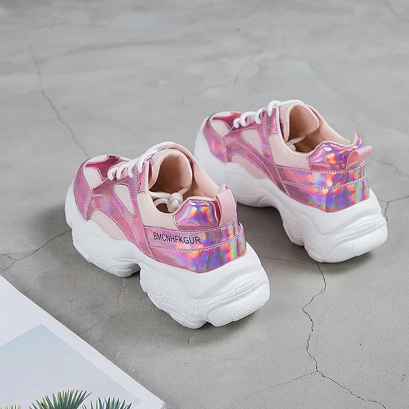 Повседневная обувь; женские кроссовки на массивной платформе; chaussures femme; сезон весна; Новинка; zapatos de mujer; цвет розовый; Женская обувь в стиле пэчворк; Цвет Серебристый