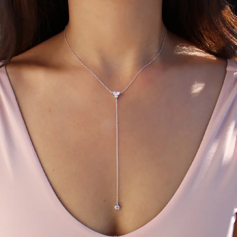 2023 Simple Long Chain Lariat Necklace 925 Sterling Triangle Round Cz Charm Y Shaped Minimal Dainty Women Fashion Party Jewelry