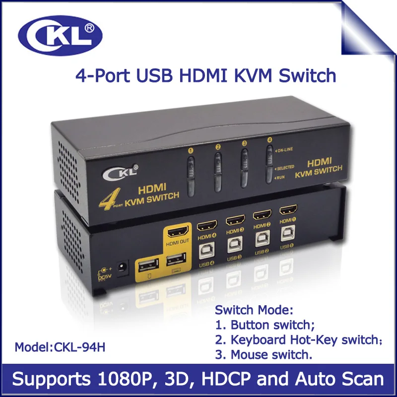 4 Port HDMI KVM Switch with USB & Auto Scan, 4 in 1 out Switcher for PC Monitor Keyboard Mouse Server Laptop DVR Mini PC CKL-94H