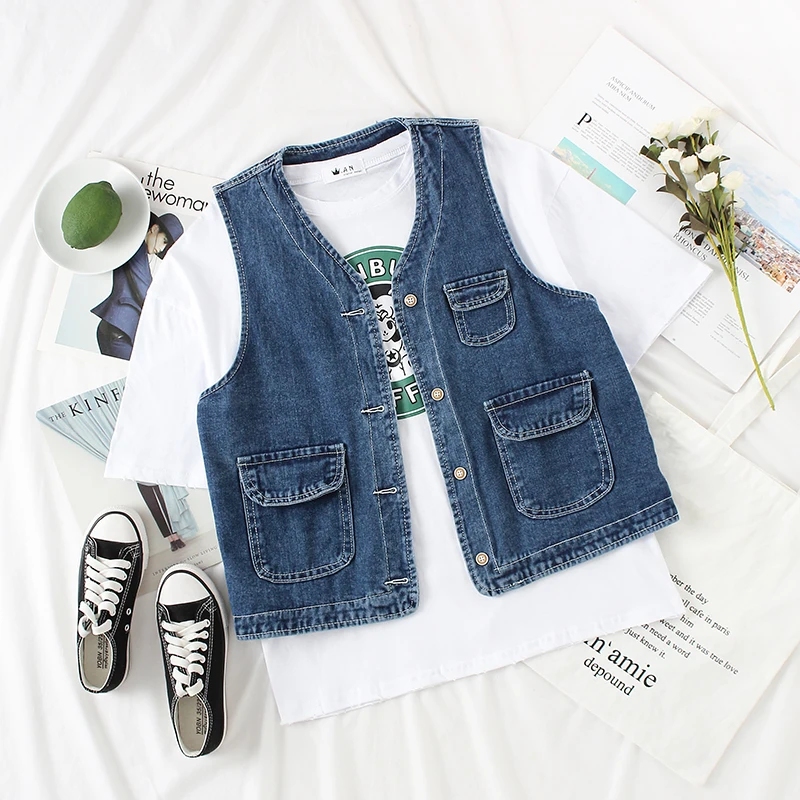 Винтажный короткий джинсовый жилет для женщин свободная куртка без рукавов