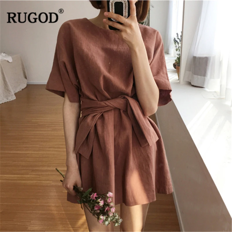 Женское однотонное кружевное мини платье RUGOD свободное прямое с круглым вырезом