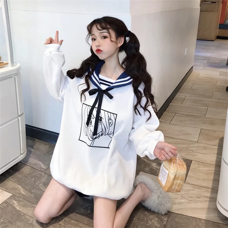Японская женская одежда kawaii мультфильм Милая Толстовка свободный матросский