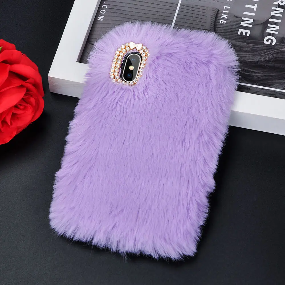purple Милый плюшевый чехол для телефона с кроличьим мехом и бриллиантами для iPhone X, 6, 6S Plus, 7, 7 Plus, 8 Plus, милый пушистый мягкий чехол из ТПУ - Цвет: purple