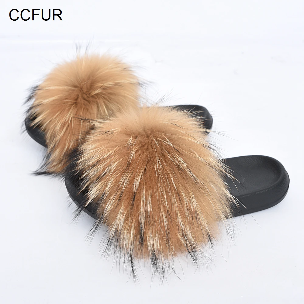 CCFUR Racoon/меховые тапочки; женские шлепанцы с натуральным мехом; модные домашние шлепанцы с пушистым мехом; много цветов; S6045E
