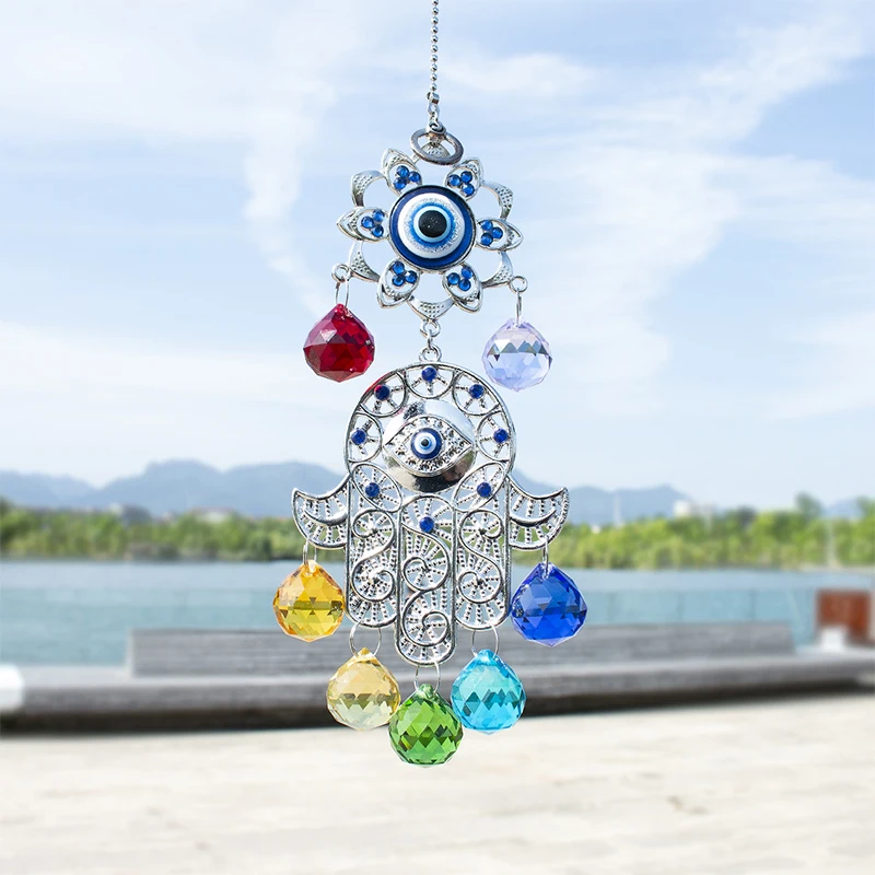 

H&D Chakra Energy Crystal Balls Suncatcher Hamsa Hand of Fatima Turkish Blue Evil Eye For Home Garden Hanging Decor Lucky Gift